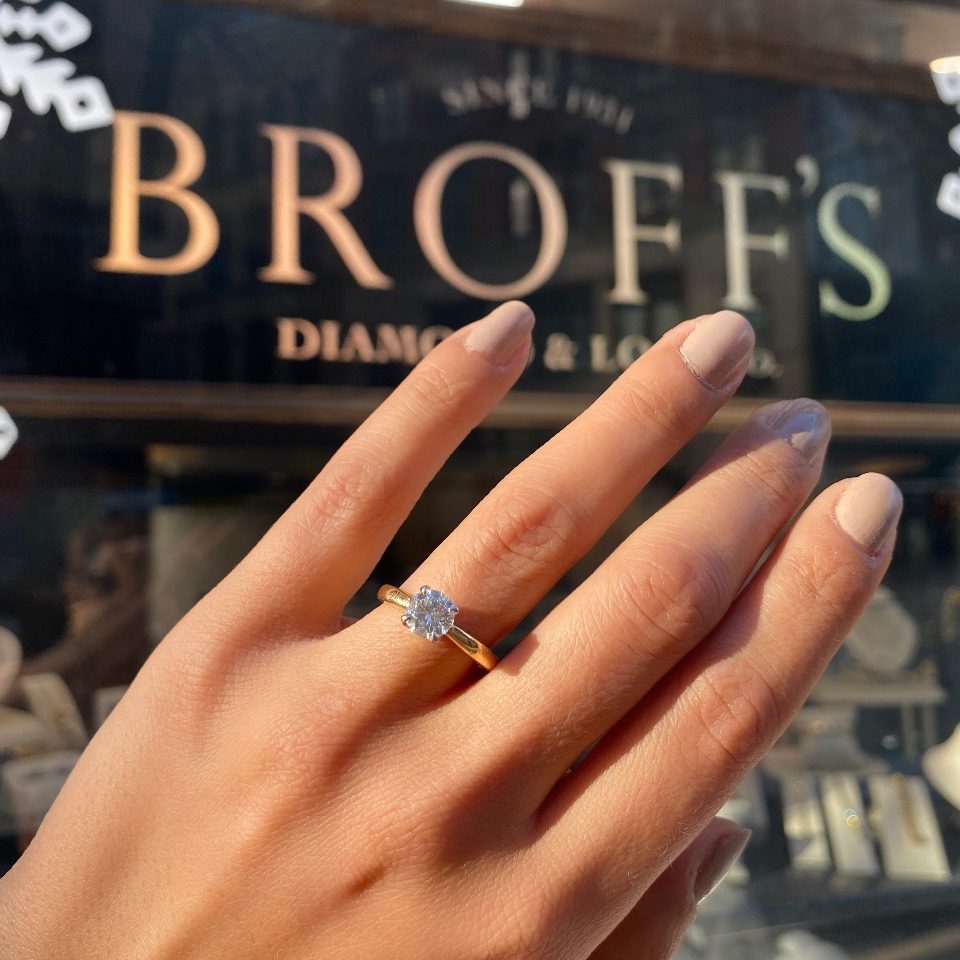 Lady hand with diamond ring in front of Broff's Location
